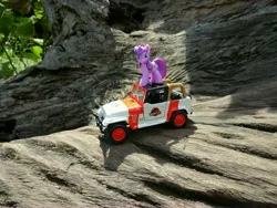 Size: 4896x3672 | Tagged: blind bag, derpibooru import, hawaii, irl, jeep, jurassic park, kauai, mountain, part of a set, photo, photographer:drakkenfyre, ponies around the world, safe, solo, toy, tree, twilight sparkle