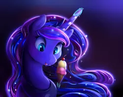 Size: 2000x1572 | Tagged: safe, artist:viwrastupr, derpibooru import, princess luna, pony, bust, cherry, cone, drool, eating, eyes on the prize, female, food, happy, ice cream, licking, licking lips, magic, mare, portrait, solo, telekinesis, tongue out