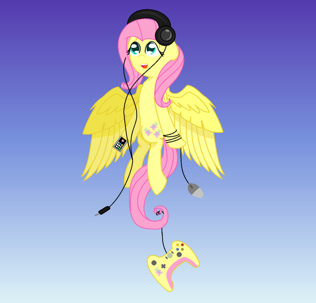 Size: 1024x983 | Tagged: safe, artist:tickiploosha, derpibooru import, fluttershy, pony, computer mouse, controller, fluttershy plays, gradient background, headphones, iphone, solo, vanna melon, vannamelon, xbox one controller