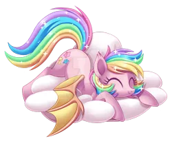 Size: 1024x838 | Tagged: safe, artist:centchi, derpibooru import, oc, oc:paper stars, unofficial characters only, bat pony, pony, amputee, cloud, cute, paperbetes, prone, rainbow hair, rainbow tail, solo, watermark