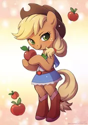 Size: 595x850 | Tagged: safe, artist:lindsay cibos, derpibooru import, applejack, pony, semi-anthro, apple, bipedal, chibi, clothes, cute, equestria girls outfit, food, hoof hold, jackabetes, lidded eyes, looking at you, open mouth, smiling, solo