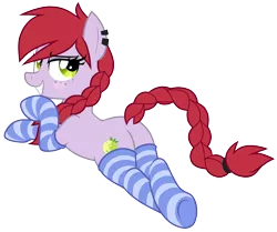 Size: 4555x3800 | Tagged: safe, artist:wingedwolf94, deleted from derpibooru, derpibooru import, oc, oc:crab apple, unofficial characters only, earth pony, pony, absurd resolution, adorasexy, bedroom eyes, blushing, braid, clothes, crossed legs, cute, cutie mark, dock, ear piercing, earring, freckles, jewelry, looking at you, lying down, piercing, pinup, plot, prone, sexy, simple background, socks, solo, striped socks, transparent background, vector