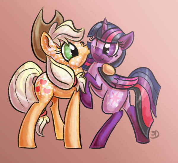 Size: 600x550 | Tagged: safe, artist:sallindaemon, derpibooru import, applejack, twilight sparkle, twilight sparkle (alicorn), alicorn, pony, alternate design, female, hug, kiss on the cheek, kissing, lesbian, mare, shipping, twijack