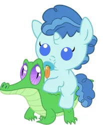 Size: 836x1017 | Tagged: safe, artist:red4567, derpibooru import, gummy, party favor, pony, baby, baby pony, cute, favorbetes, pacifier, ponies riding gators, riding, weapons-grade cute