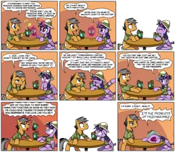 Size: 1000x872 | Tagged: suggestive, artist:foudubulbe, derpibooru import, quibble pants, twilight sparkle, twilight sparkle (alicorn), alicorn, earth pony, pony, stranger than fan fiction, clothes, comic, cross-popping veins, crying, cup, dialogue, drink, drinking, duo, female, floppy ears, forever a virgin, forever alone, friendzone, hat, hoof hold, lampshade hanging, lonely, magic, male, mare, ocular gushers, pith helmet, princess of friendzone, sad, shirt, sitting, speech bubble, stallion, straw, table, telekinesis, yelling