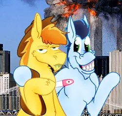 Size: 582x557 | Tagged: semi-grimdark, artist:jennythejackass, derpibooru import, braeburn, soarin', pony, 9/11, 9/11 joke, ask-mpreg-braeburn, crossing the line twice, edgy, explicit source, gay, magical gay spawn, male, male pregnancy, mistakes into miracles, ow the edge, parents:soarburn, pregnancy test, pregnant, shipping, soarburn, twin towers, wat, we are going to hell, why