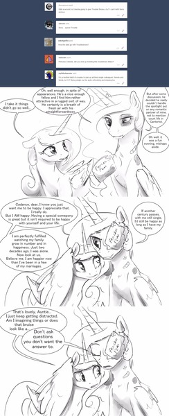 Size: 1280x3142 | Tagged: artist:silfoe, ask, bandaid, black eye, bruised, comic, derpibooru import, dialogue, grayscale, hickey, hug, implied sex, implied troubleshoes, monochrome, princess cadance, princess celestia, royal sketchbook, simple background, speech bubble, suggestive, tumblr, winghug