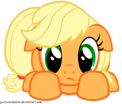 Size: 1280x1085 | Tagged: safe, artist:justisanimation, derpibooru import, applejack, earth pony, pony, animated, applecat, behaving like a cat, blinking, cute, ear twitch, female, floppy ears, frown, hatless, jackabetes, mare, missing accessory, prone, sad, scared, simple background, solo, white background