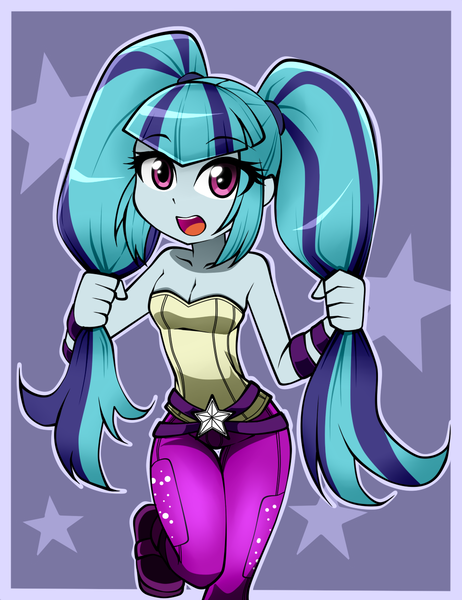 Size: 1000x1300 | Tagged: safe, artist:nekojackun, derpibooru import, sonata dusk, equestria girls, alternate hairstyle, bare shoulders, clothes, clothes swap, cute, female, open mouth, pants, raised leg, sleeveless, solo, sonatabetes, strapless, thigh gap, tube top