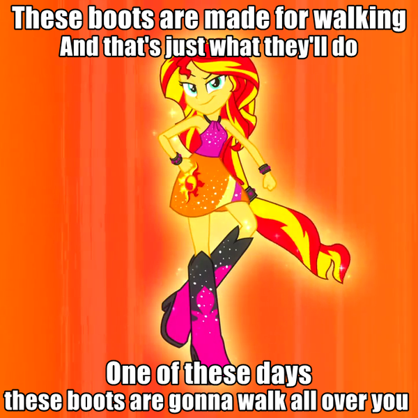 Size: 720x720 | Tagged: safe, derpibooru import, edit, edited screencap, screencap, sunset shimmer, equestria girls, rainbow rocks, caption, cropped, image macro, lyrics, meme, nancy sinatra, ponied up, solo, song reference, text, these boots are made for walking