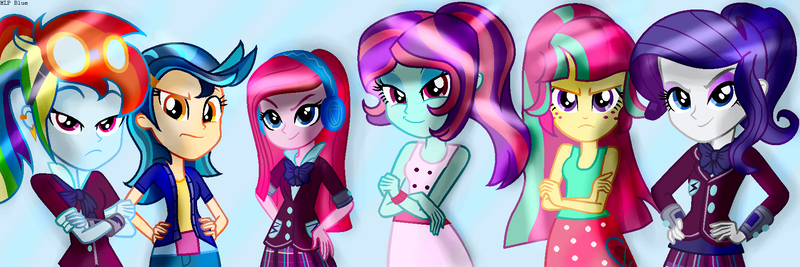 Size: 1852x618 | Tagged: safe, artist:sunsetshimmer1987, derpibooru import, indigo zap, pinkie pie, rainbow dash, rarity, sour sweet, sunny flare, equestria girls, friendship games, alternate universe