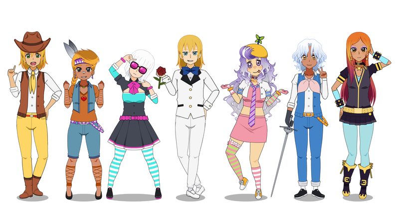 Size: 2262x1260 | Tagged: artist:kathara_khan, bandaid, boots, bowtie, braeburn, clothes, collar, converse, dark skin, derpibooru import, dress, ear piercing, earring, gloves, group, hat, headband, headdress, human, humanized, jewelry, kisekae, little strongheart, midriff, miniskirt, pantyhose, photo finish, piercing, pleated skirt, pokey pierce, prince blueblood, propeller hat, rapier, safe, sassy saddles, screwball, shoes, simple background, skirt, smirk, sneakers, socks, striped pantyhose, striped socks, suit, sunglasses, sword, thigh highs, weapon, white background