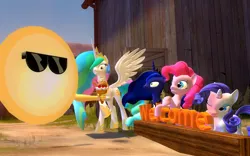 Size: 1680x1050 | Tagged: 3d, artist:asmodeusthesexlord, derpibooru import, food, gmod, ice cream, pinkie pie, princess celestia, princess luna, rarity, safe, summer, sun, sunburn, sunglasses, welcome