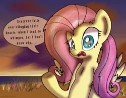 Size: 1800x1400 | Tagged: safe, artist:theclassicthinker, derpibooru import, fluttershy, pegasus, pony, bust, confused, dialogue, female, implied heart attack, looking at you, mare, solo, speech bubble