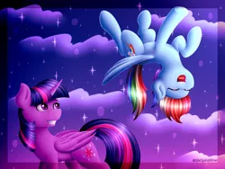 Size: 2000x1500 | Tagged: safe, artist:spirit-dude, derpibooru import, rainbow dash, twilight sparkle, twilight sparkle (alicorn), alicorn, pony, female, flying, grin, lesbian, mare, shipping, smiling, stars, twidash, upside down