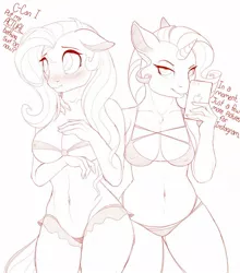 Size: 1280x1454 | Tagged: suggestive, artist:evehly, derpibooru import, fluttershy, rarity, anthro, bedroom eyes, belly button, bikini, blushing, breasts, busty fluttershy, busty rarity, cleavage, clothes, duo, embarrassed, erect nipples, female, floppy ears, fluffy, grin, iphone, micro bikini, monochrome, needs more jpeg, nipple outline, phone, revealing clothing, scrunchy face, selfie, sketch, skimpy, smartphone, smiling, string bikini, sweat, swimsuit, wide eyes