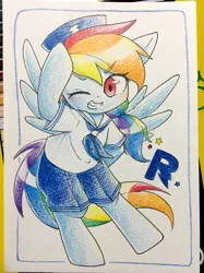 Size: 1280x1707 | Tagged: artist:yukimaki, derpibooru import, one eye closed, rainbow dash, safe, sailor uniform, solo, wink