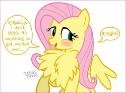 Size: 793x583 | Tagged: safe, artist:flash equestria photography, derpibooru import, fluttershy, pegasus, pony, behaving like a bird, blushing, chest fluff, cute, dialogue, female, fluffershy, impossibly large chest fluff, mare, pomf, shyabetes, single panel, solo