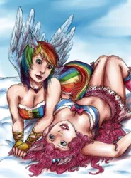 Size: 741x1000 | Tagged: suggestive, artist:yeaka, derpibooru import, pinkie pie, rainbow dash, human, bandeau, belly button, boots, breasts, cleavage, clothes, eared humanization, female, humanized, lesbian, midriff, miniskirt, pinkiedash, shipping, skirt, tailed humanization, winged humanization