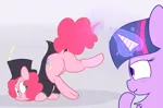 Size: 1280x845 | Tagged: suggestive, artist:mr-degration, derpibooru import, pinkie pie, twilight sparkle, pony, blushing, clothes, dock, face down ass up, female, females only, hat, lesbian, magic, mare, plot, shipping, suit, top hat, twinkie