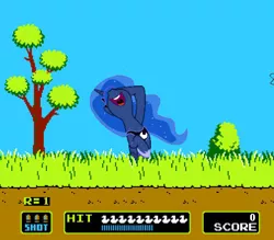 Size: 448x392 | Tagged: artist:tamalesyatole, derpibooru import, duck, duck hunt, edit, game, hunting, laughing, nose in the air, princess luna, safe, solo