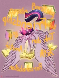 Size: 900x1180 | Tagged: safe, artist:blackgryph0n, artist:inuhoshi-to-darkpen, derpibooru import, twilight sparkle, twilight sparkle (alicorn), alicorn, pony, book, chinese text, feathered fetlocks, female, french, friendship day, glowing horn, hungarian, indonesian, korean, magic, mare, patreon, patreon logo, purple background, russian, simple background, solo, spanish, spread wings, that pony sure does love friendship, vietnamese, wings