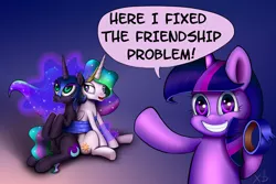 Size: 1600x1066 | Tagged: safe, artist:xbi, derpibooru import, nightmare moon, princess celestia, twilight sparkle, alicorn, pony, cute, dialogue, duct tape, everything is fixed, female, frown, grin, hoof hold, looking at you, mare, open mouth, pointing, sitting, smiling, squee, tabun art-battle finished after, tape, twiabetes, unamused, underhoof