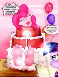 Size: 962x1280 | Tagged: anthro, artist:xptzstudios, barefoot, bondage, cake, derpibooru import, encasement, feet, fetish, food, foodplay, foot fetish, frosting, pinkie pie, plantigrade anthro, pop out cake, suggestive, tickle fetish, tickle torture, tickling