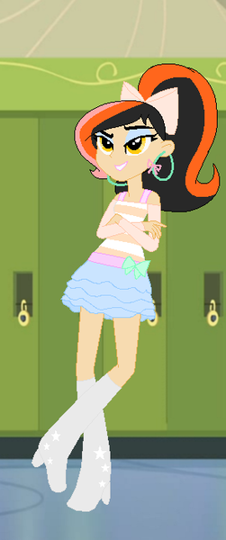 Size: 295x705 | Tagged: safe, artist:obeliskgirljohanny, artist:selenaede, derpibooru import, oc, oc:marmalade meringue, unofficial characters only, equestria girls, base used, boots, canterlot high, clothes, high heel boots, high heels, looking at you, pixel art, ponytail, skirt, solo, tanktop