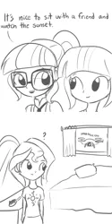 Size: 679x1360 | Tagged: safe, artist:tjpones, derpibooru import, sci-twi, sunset shimmer, twilight sparkle, twilight sparkle (alicorn), equestria girls, bait and switch, clothes, comic, crystal prep academy uniform, dialogue, drone, hilarious in hindsight, monochrome, name pun, not creepy, ponytail, pun, school uniform, spying, stalker, stalking, sunset twiangle, twolight