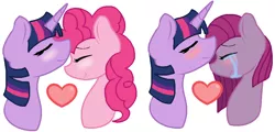 Size: 972x467 | Tagged: safe, artist:junetheicecat, derpibooru import, pinkie pie, twilight sparkle, pony, :t, base used, blushing, crying, cute, eyes closed, female, forehead kiss, heart, kissing, lesbian, mare, nuzzling, pinkamena diane pie, shipping, simple background, smiling, tears of joy, twinkie, two sides, white background