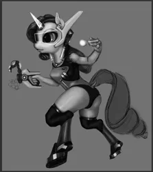 Size: 761x852 | Tagged: anthro, artist:doll88, clothes, crossover, derpibooru import, dock, hmd, monochrome, overwatch, rarity, safe, simple background, solo, symmetra