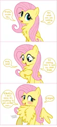Size: 793x1770 | Tagged: artist:flash equestria photography, behaving like a bird, blushing, chest fluff, comic, cute, derpibooru import, fluffershy, fluttershy, frown, impossibly large chest fluff, open mouth, pomf, raised hoof, safe, shyabetes, simple background, smiling, solo, spread wings, white background