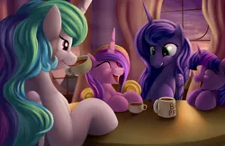 Size: 5100x3300 | Tagged: safe, artist:grennadder, derpibooru import, princess cadance, princess celestia, princess luna, twilight sparkle, twilight sparkle (alicorn), alicorn, pony, alicorn tetrarchy, eyes closed, food, open mouth, smiling, tea, teacup