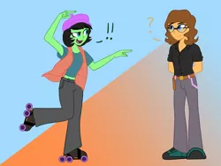 Size: 1600x1200 | Tagged: safe, artist:timidwithapen, derpibooru import, oc, oc:andante, oc:musical act, unofficial characters only, equestria girls, clothes, duo, glasses, roller skates