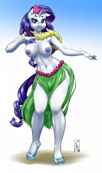 Size: 531x900 | Tagged: anthro, armpits, artist:pia-sama, big breasts, breasts, busty rarity, clothes, derpibooru import, female, flower, flower in hair, grass skirt, hawaiian flower in hair, hula, hula dance, hularity, lei, nipples, nudity, plantigrade anthro, questionable, rarity, sandals, solo, solo female, topless