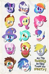 Size: 1350x2025 | Tagged: safe, artist:pixelkitties, derpibooru import, applejack, big macintosh, bon bon, cheerilee, derpy hooves, doctor whooves, fluttershy, lyra heartstrings, pinkie pie, rainbow dash, rarity, sweetie drops, time turner, trixie, twilight sparkle, vinyl scratch, earth pony, pony, derp, glasses, male, mane six, stallion, underp