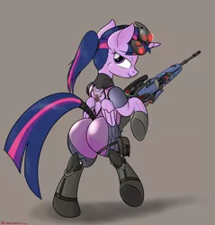 Size: 2725x2851 | Tagged: suggestive, artist:orang111, derpibooru import, twilight sparkle, twilight sparkle (alicorn), alicorn, pony, bipedal, crossover, female, gun, hooves, horn, looking at you, looking back, looking back at you, mare, optical sight, overwatch, plot, ponytail, rifle, simple background, sniper rifle, solo, tail wrap, the ass was fat, twibutt, twilightmaker, weapon, widowmaker, wings