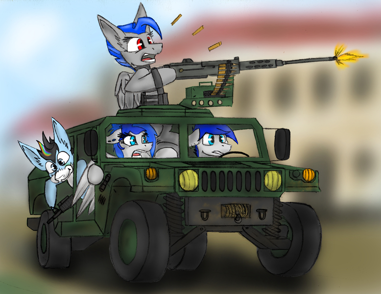 Size: 5692x4387 | Tagged: safe, artist:marcoon1305, artist:wingedthoughts, derpibooru import, oc, oc:sapphire sights, oc:solar chaser, oc:starlight storm, oc:wingedthoughts, unofficial characters only, pegasus, pony, absurd resolution, assault rifle, bullet, collaboration, fear, fire, gun, hmmwv, humvee, m16, m2 machine gun, machine gun, rifle, screaming, smiling, vehicle, weapon