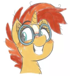 Size: 1979x2160 | Tagged: artist:fakskis, blushing, bust, chest fluff, cute, derpibooru import, ear fluff, embarrassed, glasses, grin, meganekko, messy mane, portrait, rule 63, rule63betes, safe, smiling, solo, stupid sexy sunburst, sunbetes, sunburst, sunstone (g4 r63 sunburst), sweat