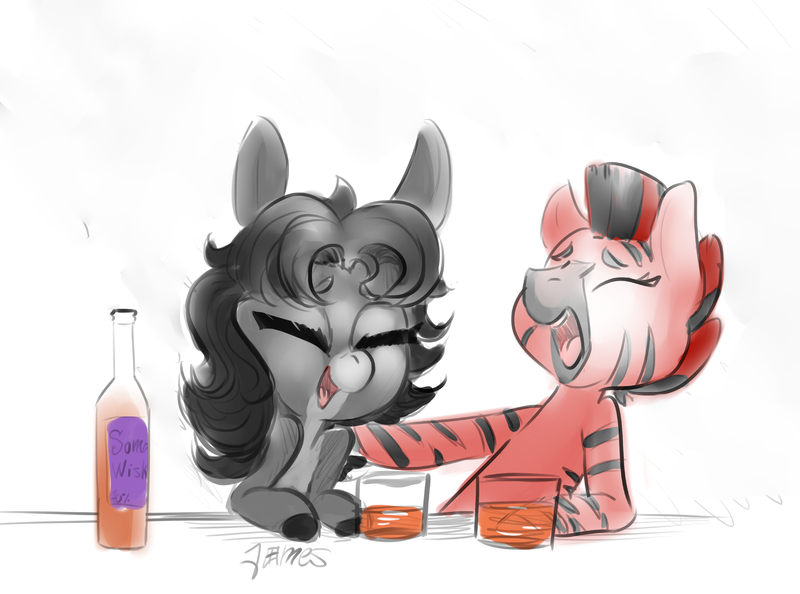 Size: 2893x2149 | Tagged: alcohol, artist:helloiamyourfriend, derpibooru import, donkey, drinking, oc, oc:dinnea, oc:mallac, safe, unofficial characters only, zebra