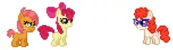 Size: 305x88 | Tagged: safe, artist:anonycat, artist:ponynoia, derpibooru import, apple bloom, babs seed, twist, earth pony, pony, adorababs, bow, cute, desktop ponies, female, filly, freckles, glasses, gritted teeth, hair bow, lidded eyes, pixel art, simple background, smiling, trio, twistabetes, white background