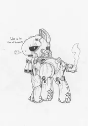 Size: 1020x1463 | Tagged: artist:snytchell, derpibooru import, fallout, fallout equestria, flamethrower, looking at you, monochrome, ponified, safe, sentry bot, sketch, weapon