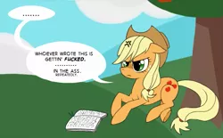 Size: 811x503 | Tagged: angry, applejack, applejack is not amused, artist:musapan, book, bucking, comic, derpibooru import, dialogue, edit, fanfic:cupcakes, safe, solo, speech bubble, text edit, this will end in pain, this will end in rape, vulgar