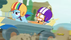 Size: 1280x720 | Tagged: safe, derpibooru import, screencap, rainbow dash, scootaloo, pony, the cart before the ponies, cart, driving, duo, helmet, open mouth, racing, seatbelt, steering wheel