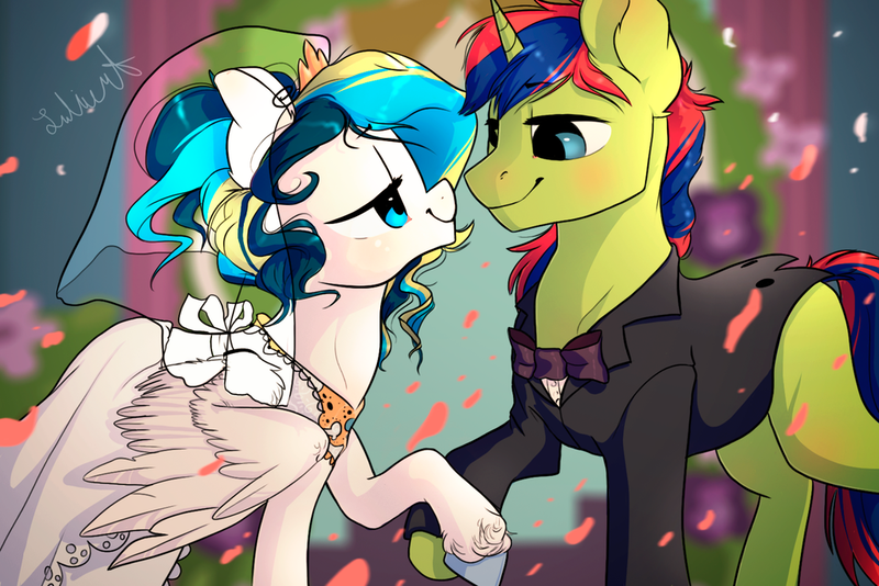 Size: 1024x683 | Tagged: safe, artist:lulemt, derpibooru import, oc, unofficial characters only, pegasus, pony, unicorn, clothes, dress, female, holding hooves, male, marriage, oc x oc, shipping, straight, suit, unshorn fetlocks, wedding, wedding dress