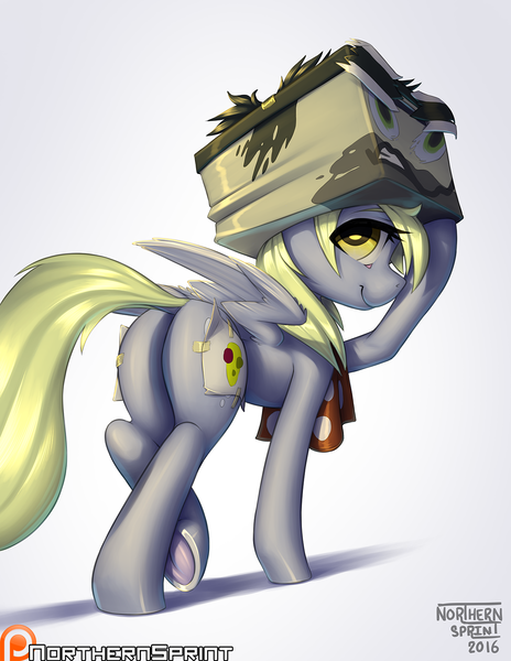 Size: 1280x1656 | Tagged: safe, alternate version, artist:northernsprint, derpibooru import, derpy hooves, pegasus, pony, stranger than fan fiction, bubble butt, butt, cardboard box, clothes, cosplay, costume, dock, doctor cardboarderon, fake cutie mark, female, looking at you, looking back, looking back at you, patreon, patreon logo, plot, scarf, smiling, smiling at you, solo, underhoof