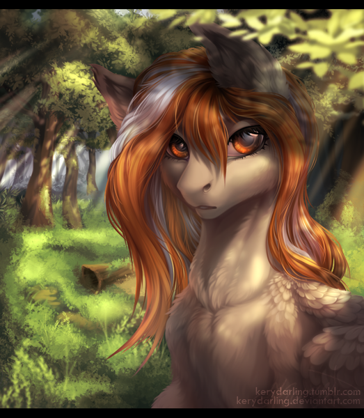 Size: 757x868 | Tagged: safe, artist:kerydarling, derpibooru import, oc, oc:silver chain, unofficial characters only, pegasus, pony, bust, chest fluff, crepuscular rays, forest, lineless, looking at you, painterly, portrait, solo, sunlight