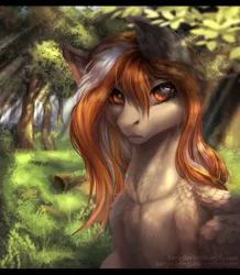 Size: 757x868 | Tagged: safe, artist:kerydarling, derpibooru import, oc, oc:silver chain, unofficial characters only, pegasus, pony, bust, chest fluff, crepuscular rays, forest, lineless, looking at you, painterly, portrait, solo, sunlight