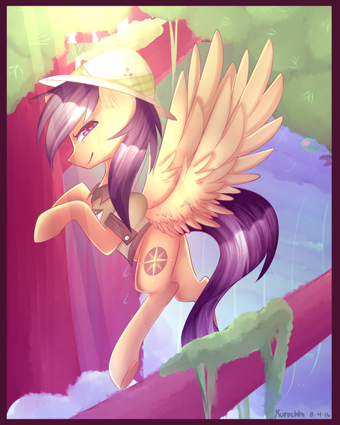 Size: 2000x2500 | Tagged: safe, artist:kurochhi, derpibooru import, daring do, clothes, crepuscular rays, floating, hat, solo